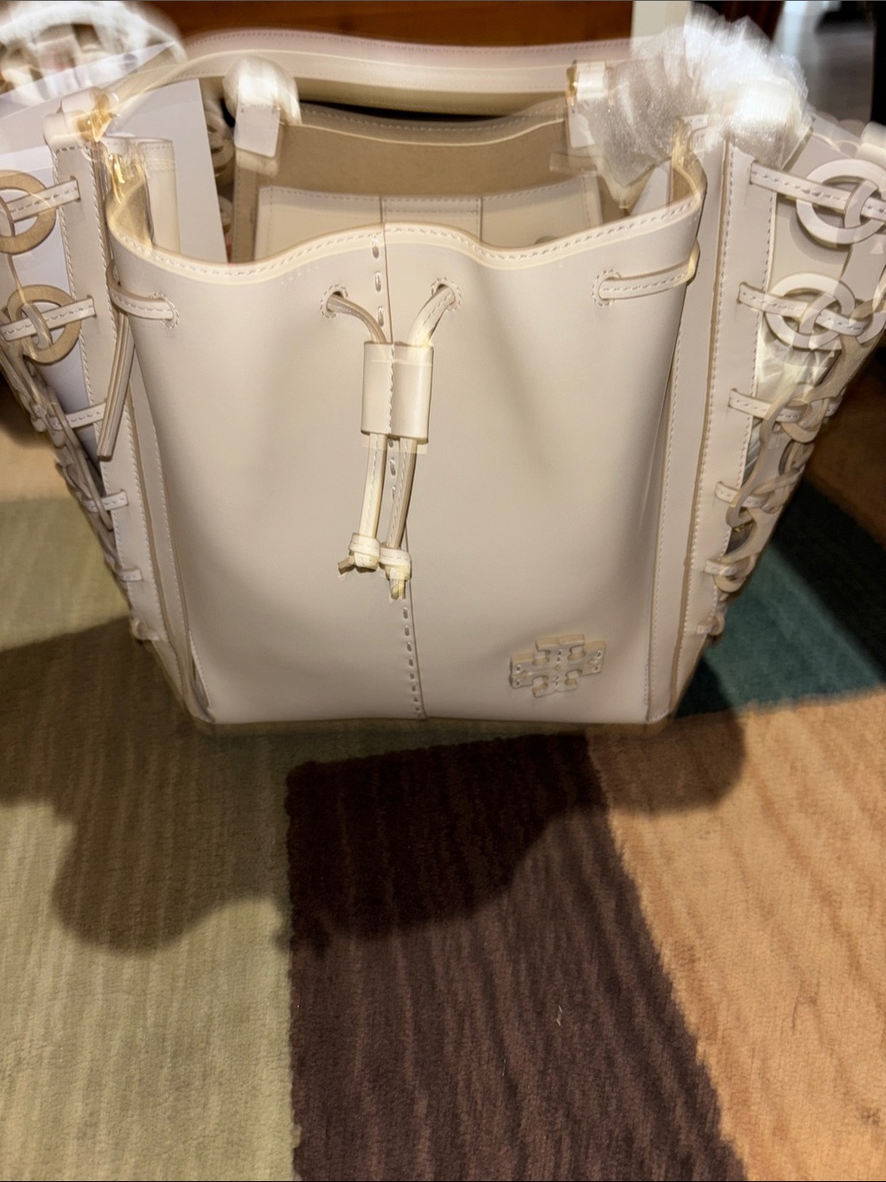Tory Burch Ivory Leather Drawstring Bucket Bag